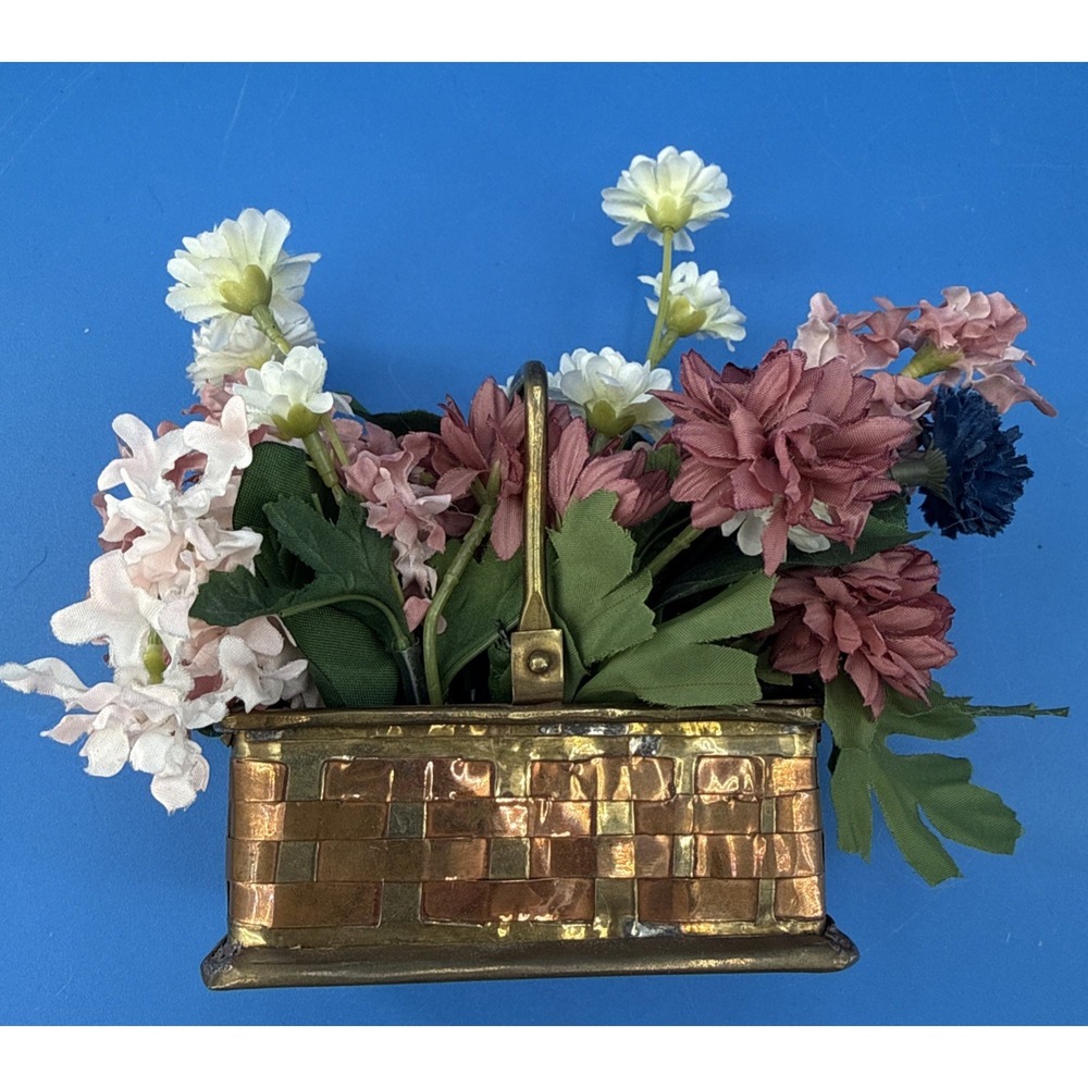 Vintage India Brass Copper Mosaic Mini Basket Handcrafted 4" Boho Decor